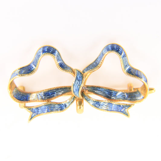 Antique 18k Gold Blue Enamel Detailed Bow Brooch Watch Suspension 1787 Georgian