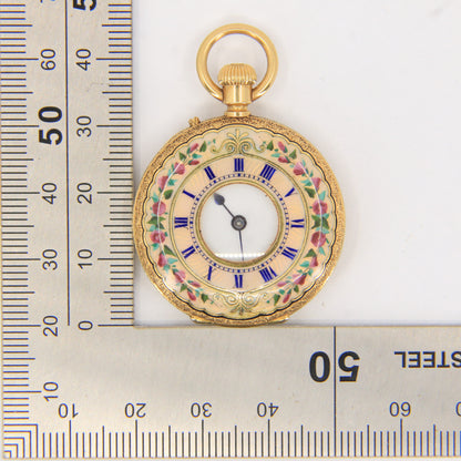 Antique 18k Gold Half Hunter 32mm Fob Watch Enamel Floral Case LeCompte Geneva