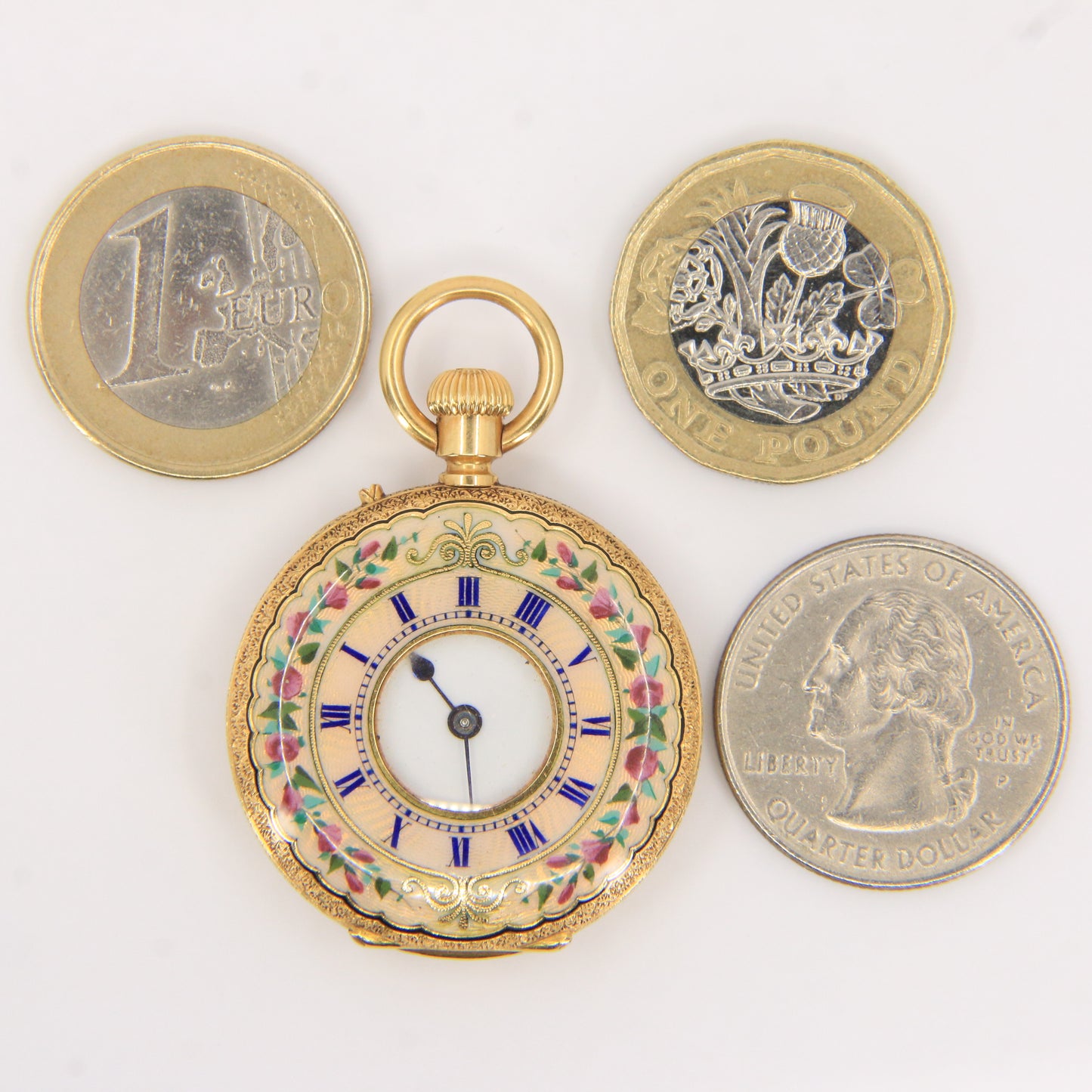 Antique 18k Gold Half Hunter 32mm Fob Watch Enamel Floral Case LeCompte Geneva