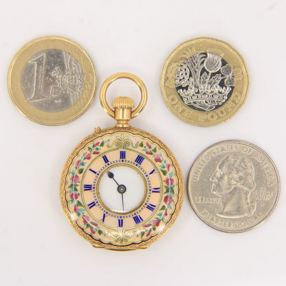 Antique 18k Gold Half Hunter 32mm Fob Watch Enamel Floral Case LeCompte Geneva