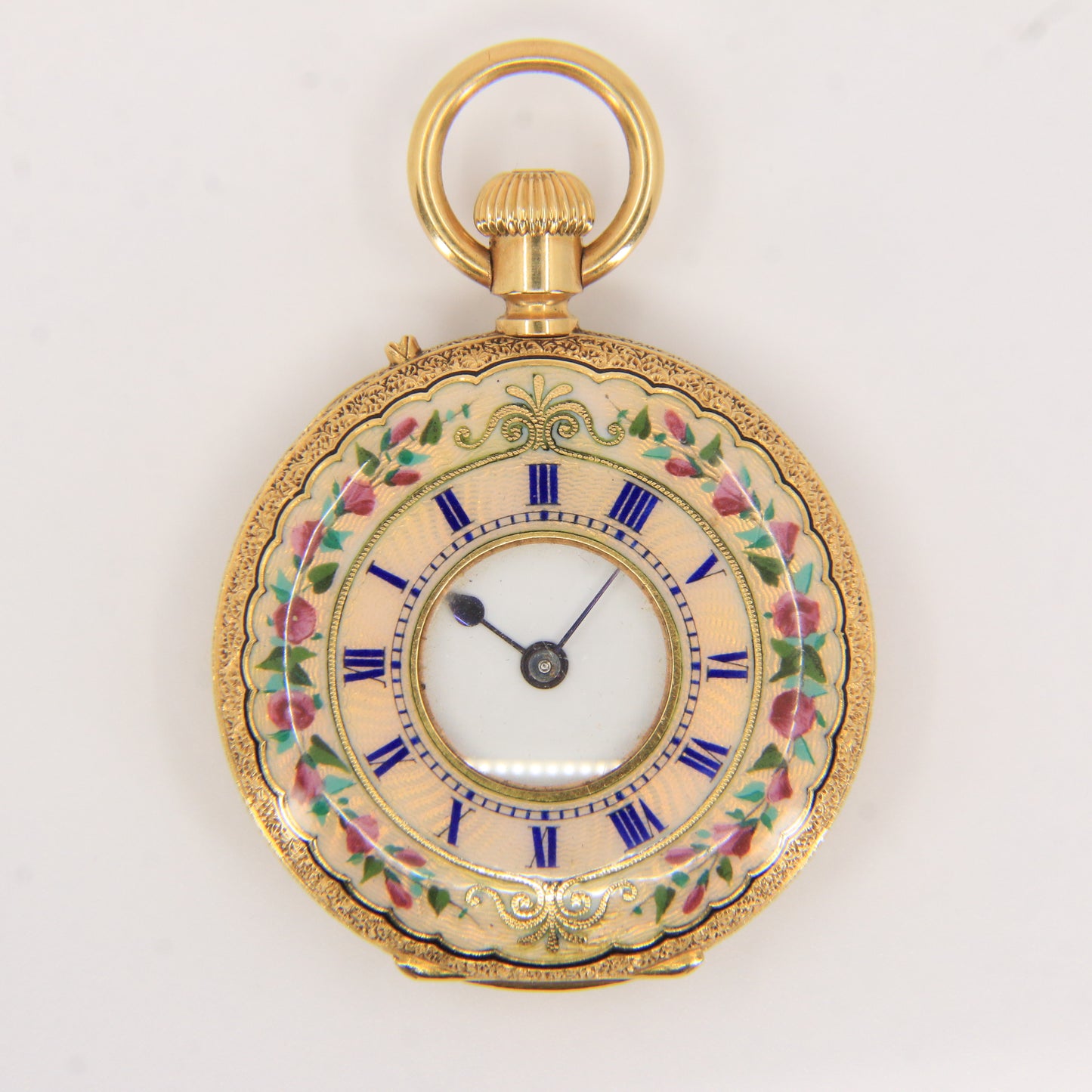 Antique 18k Gold Half Hunter 32mm Fob Watch Enamel Floral Case LeCompte Geneva