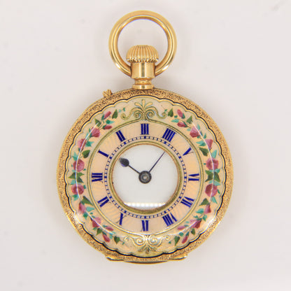 Antique 18k Gold Half Hunter 32mm Fob Watch Enamel Floral Case LeCompte Geneva