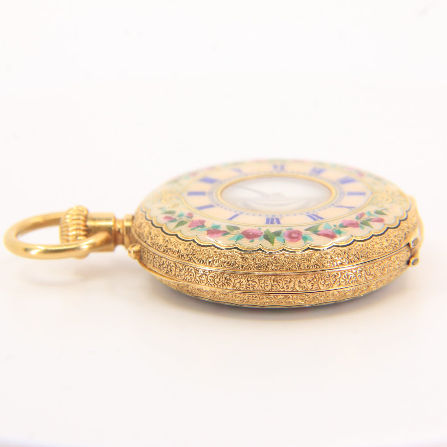 Antique 18k Gold Half Hunter 32mm Fob Watch Enamel Floral Case LeCompte Geneva