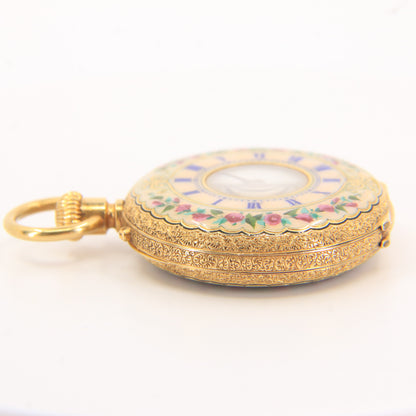 Antique 18k Gold Half Hunter 32mm Fob Watch Enamel Floral Case LeCompte Geneva