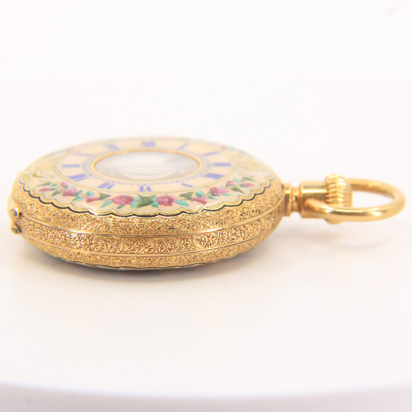 Antique 18k Gold Half Hunter 32mm Fob Watch Enamel Floral Case LeCompte Geneva