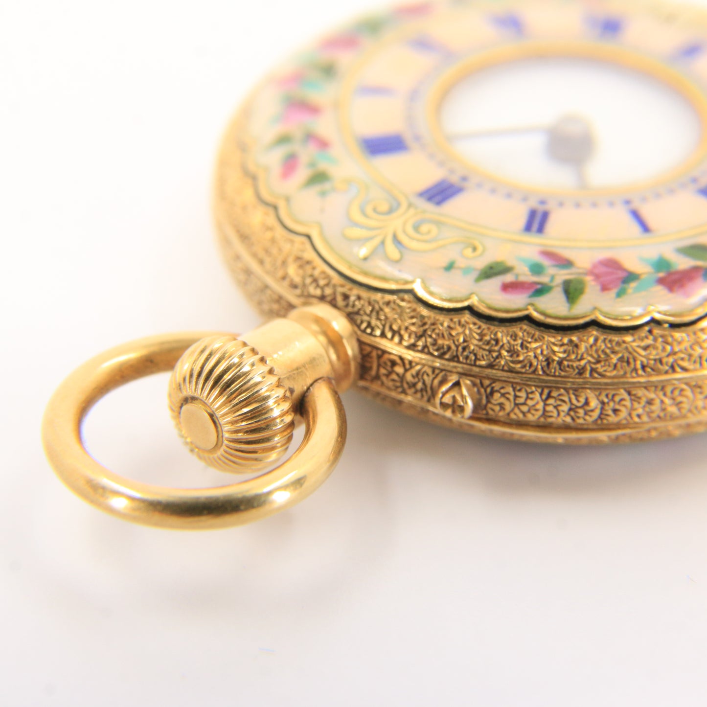 Antique 18k Gold Half Hunter 32mm Fob Watch Enamel Floral Case LeCompte Geneva