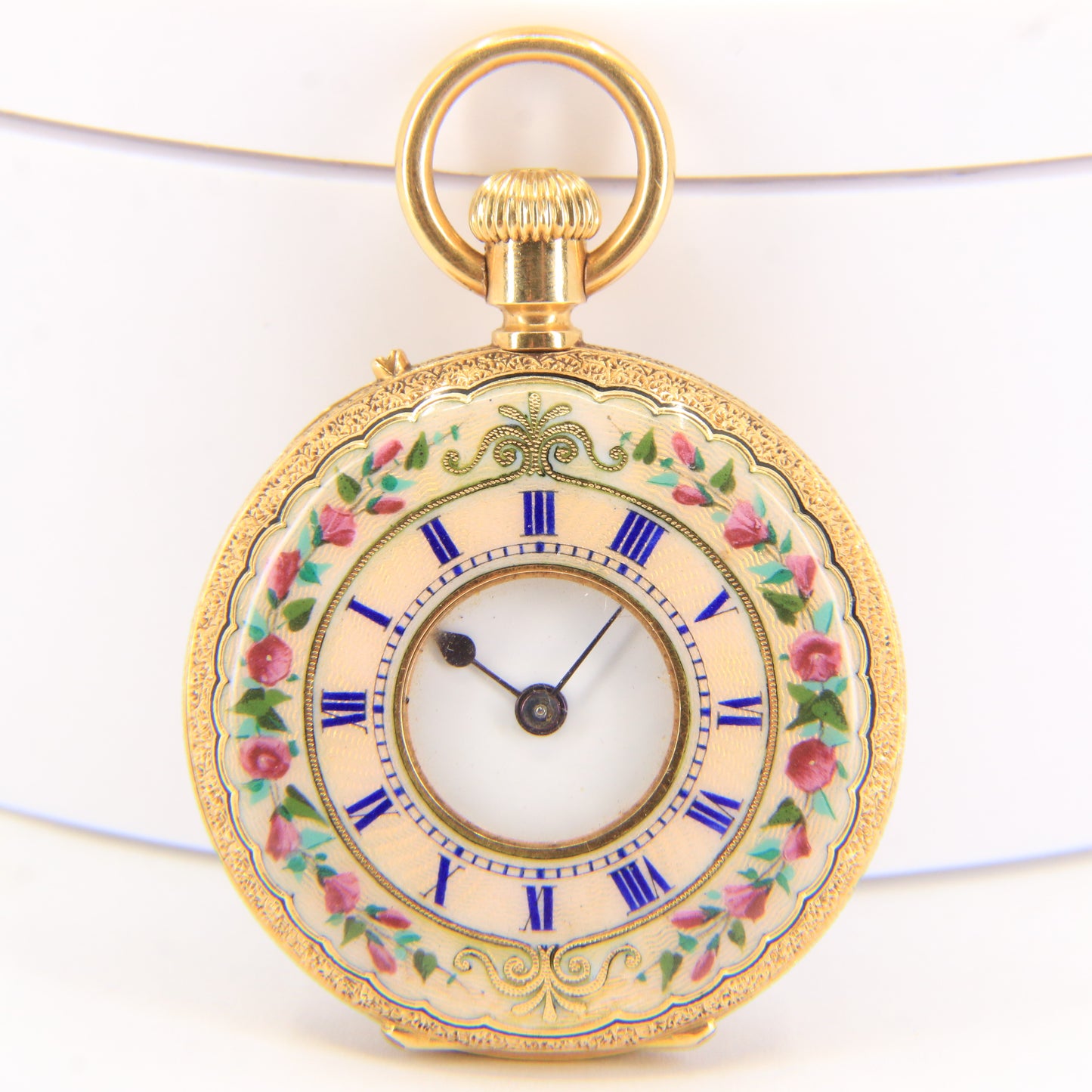 Antique 18k Gold Half Hunter 32mm Fob Watch Enamel Floral Case LeCompte Geneva