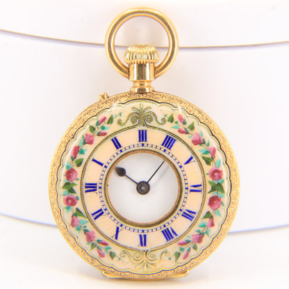 Antique 18k Gold Half Hunter 32mm Fob Watch Enamel Floral Case LeCompte Geneva