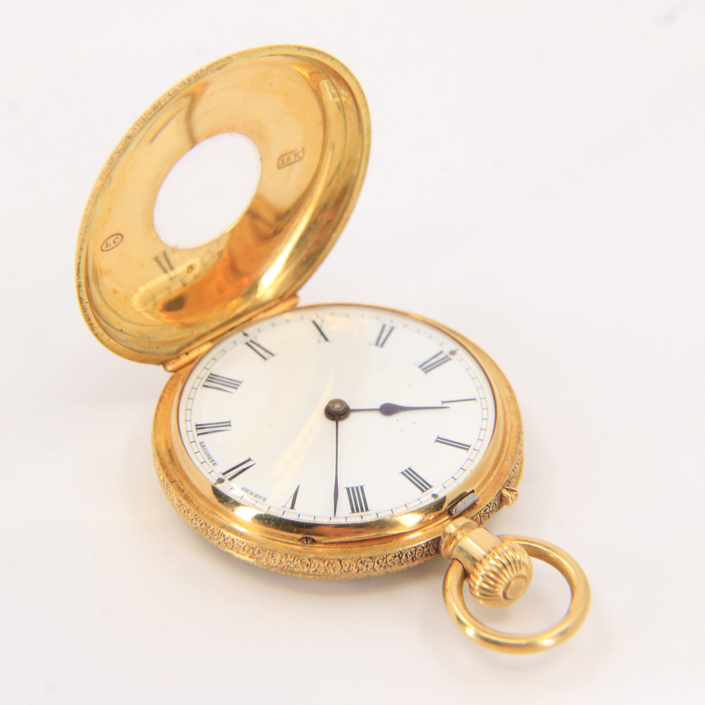 Antique 18k Gold Half Hunter 32mm Fob Watch Enamel Floral Case LeCompte Geneva