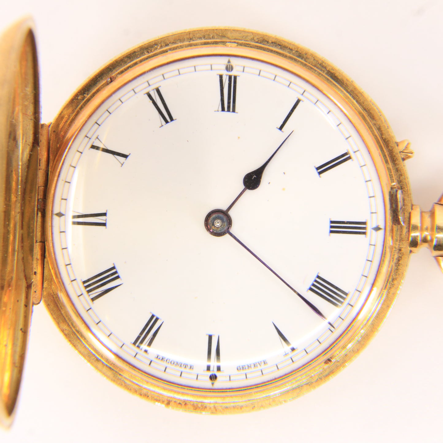 Antique 18k Gold Half Hunter 32mm Fob Watch Enamel Floral Case LeCompte Geneva