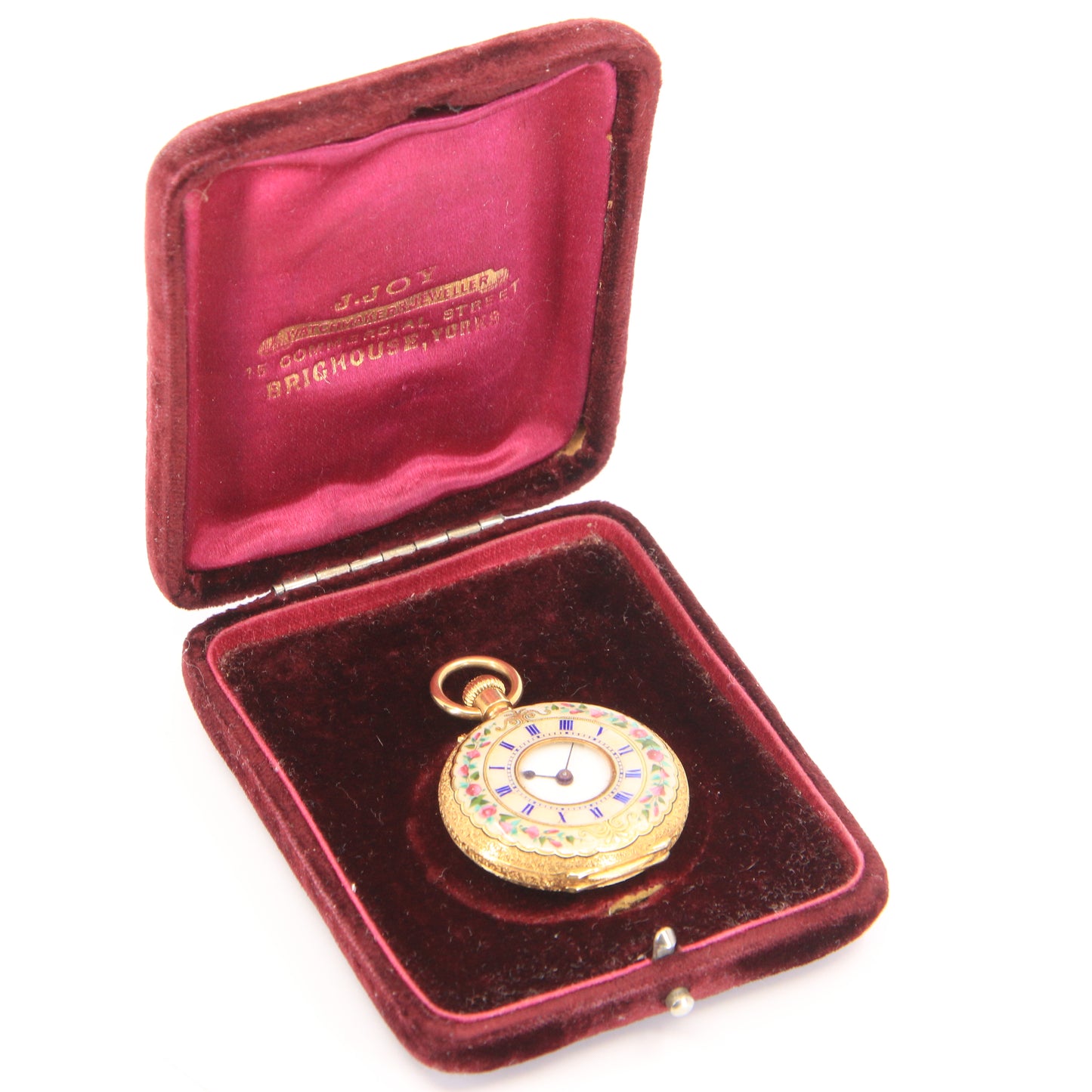 Antique 18k Gold Half Hunter 32mm Fob Watch Enamel Floral Case LeCompte Geneva