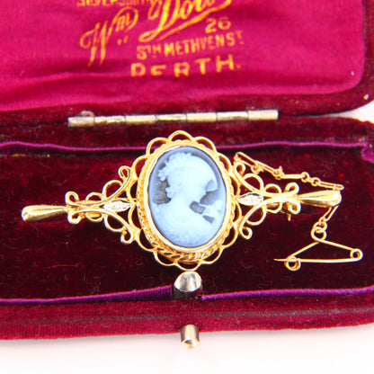 Vintage 9ct Gold Blue Cameo Brooch Yellow Gold Boxed