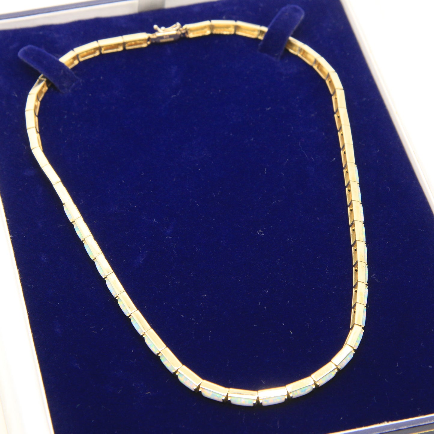 Vintage 14ct Hallmarked Yellow Gold Opal Panel Link Necklace 17.5 Inch Boxed