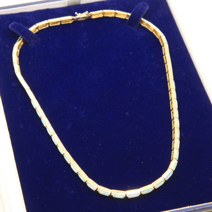 Vintage 14ct Hallmarked Yellow Gold Opal Panel Link Necklace 17.5 Inch Boxed