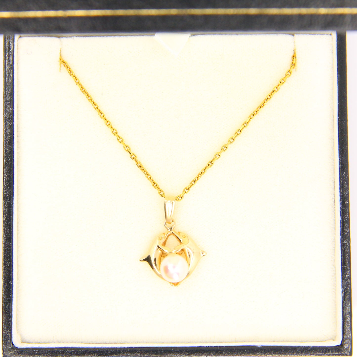 Vintage 14k Dolphin Pearl Pendant Necklace Chain Link Yellow Gold Boxed