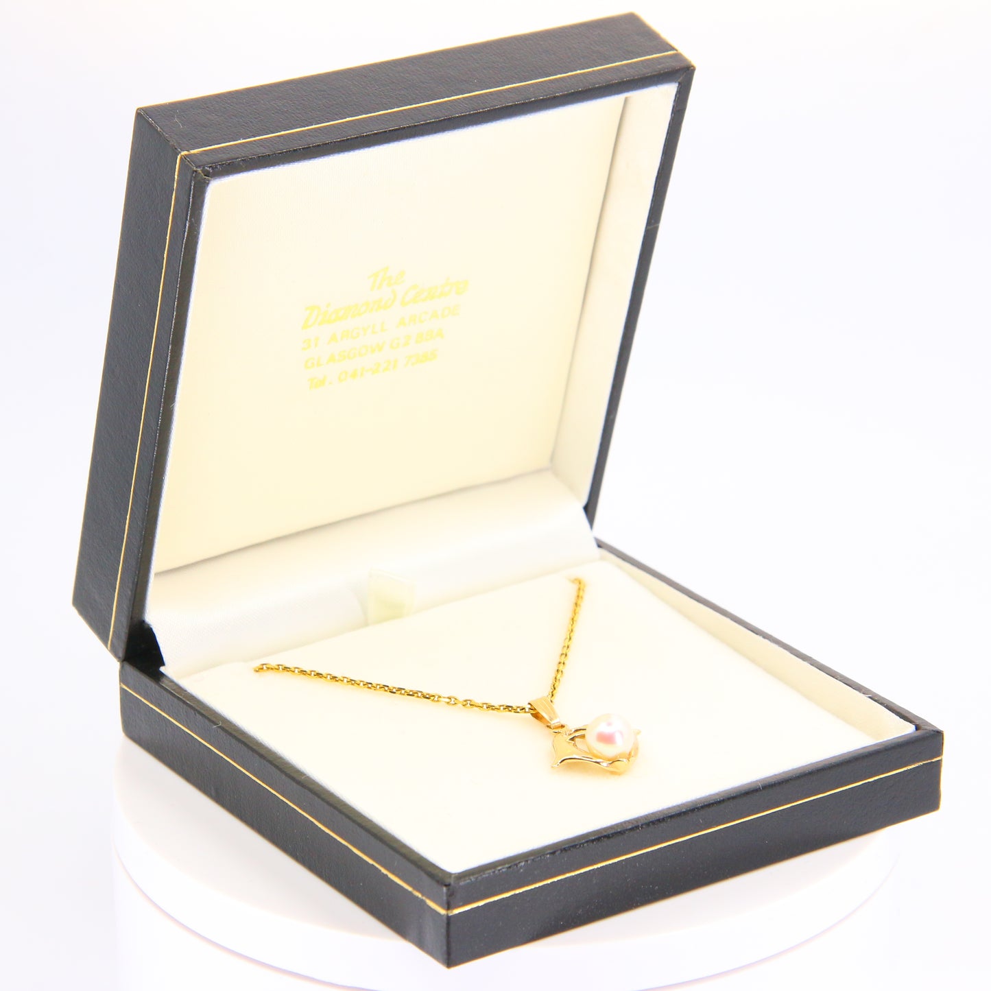 Vintage 14k Dolphin Pearl Pendant Necklace Chain Link Yellow Gold Boxed