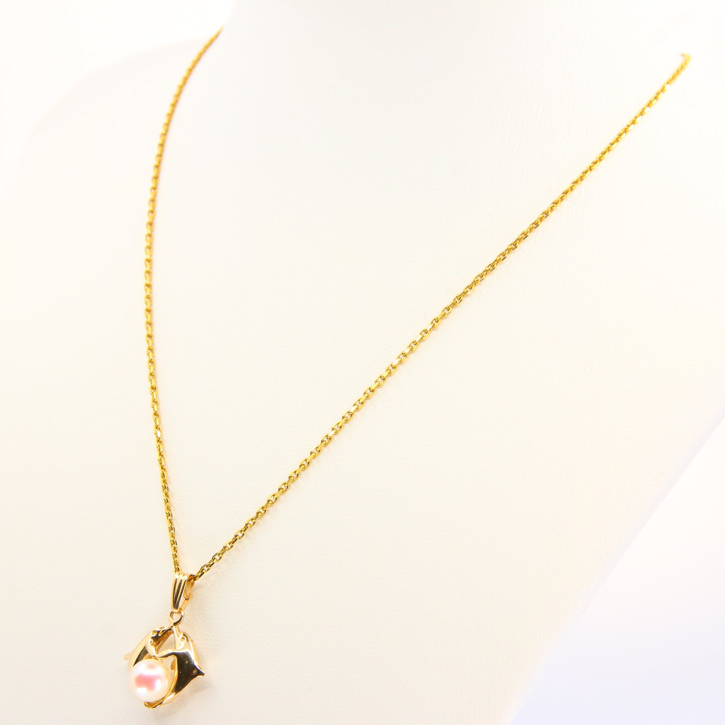 Vintage 14k Dolphin Pearl Pendant Necklace Chain Link Yellow Gold Boxed