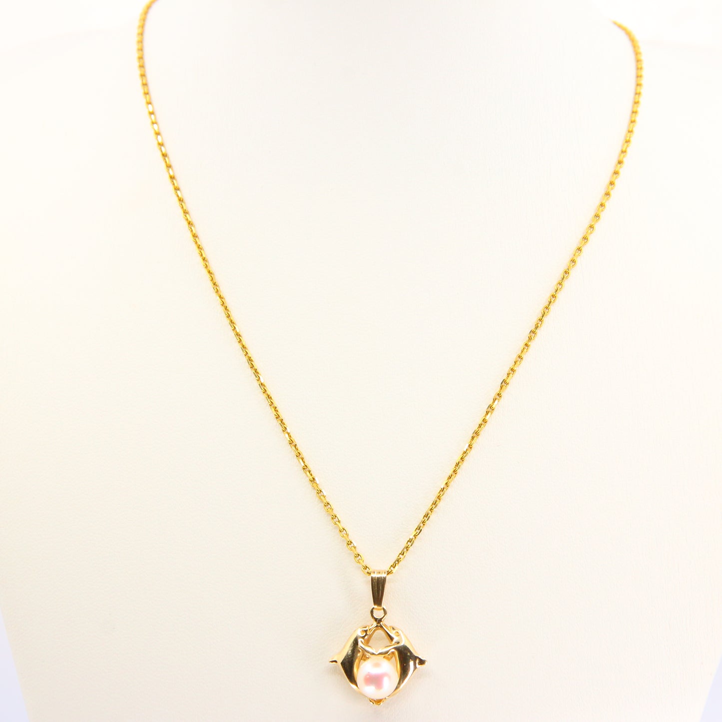 Vintage 14k Dolphin Pearl Pendant Necklace Chain Link Yellow Gold Boxed