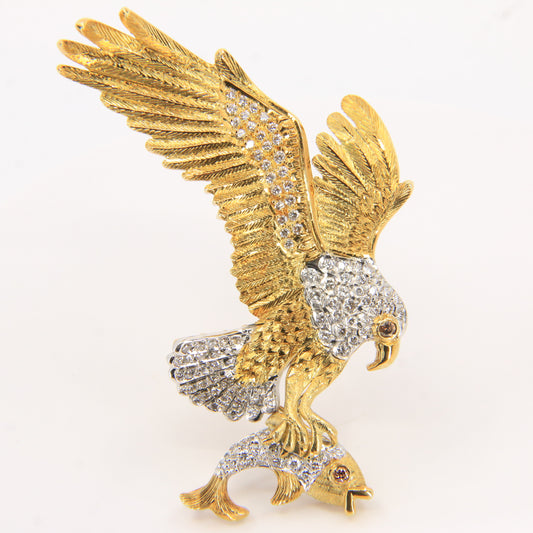 Vintage 18K Yellow & White Gold Roy Sarkin Designer Diamond Ruby Eagle with Fish Brooch