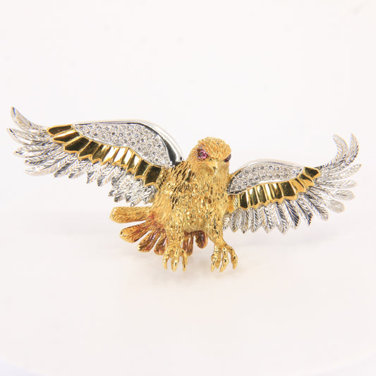 Vintage 18K Yellow & White Gold Roy Sarkin Designer Diamond Ruby Eagle Brooch