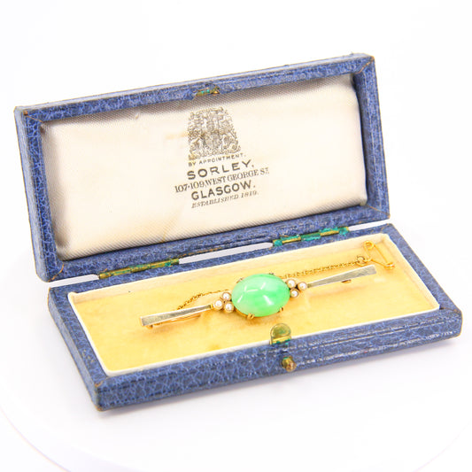 Antique 9 Carat Yellow Gold Edwardian Pearl and Green Hardstone Set Brooch Boxed