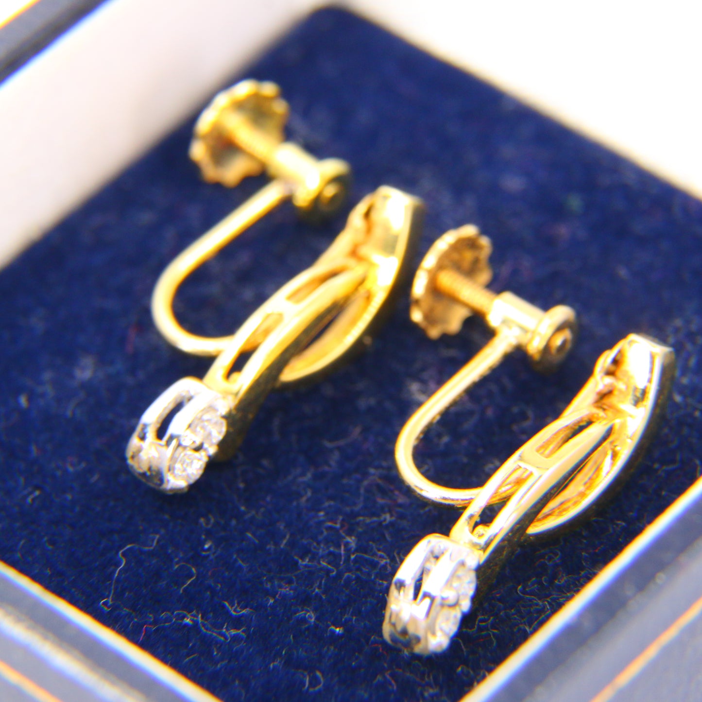 Vintage 18ct Diamond Screw Back Earrings Non Pierced 18 Carat Yellow Gold Boxed