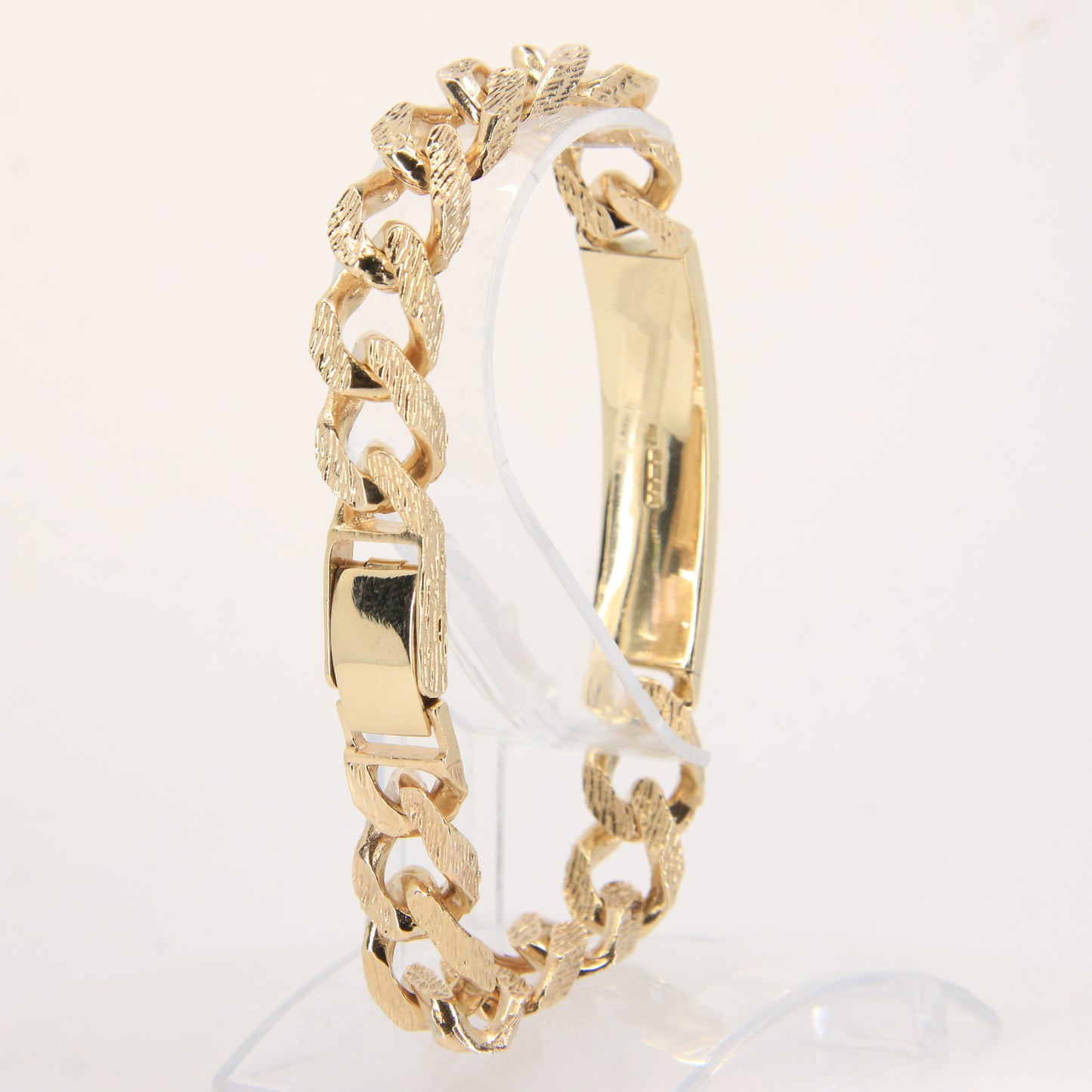 Vintage 9ct Gold ID Bracelet 8.25" Hallmarked Textured Curb Box Clasp Gift