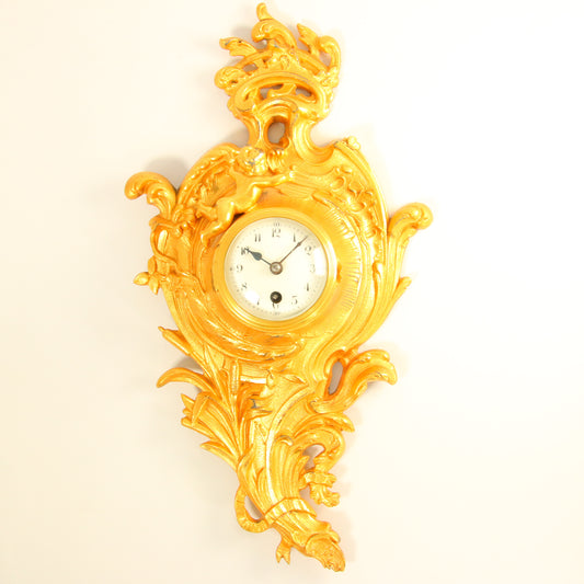 Antique 8 Day French Wall Clock Miniature Cartel Gold Clock Gilt Bronze Cherub