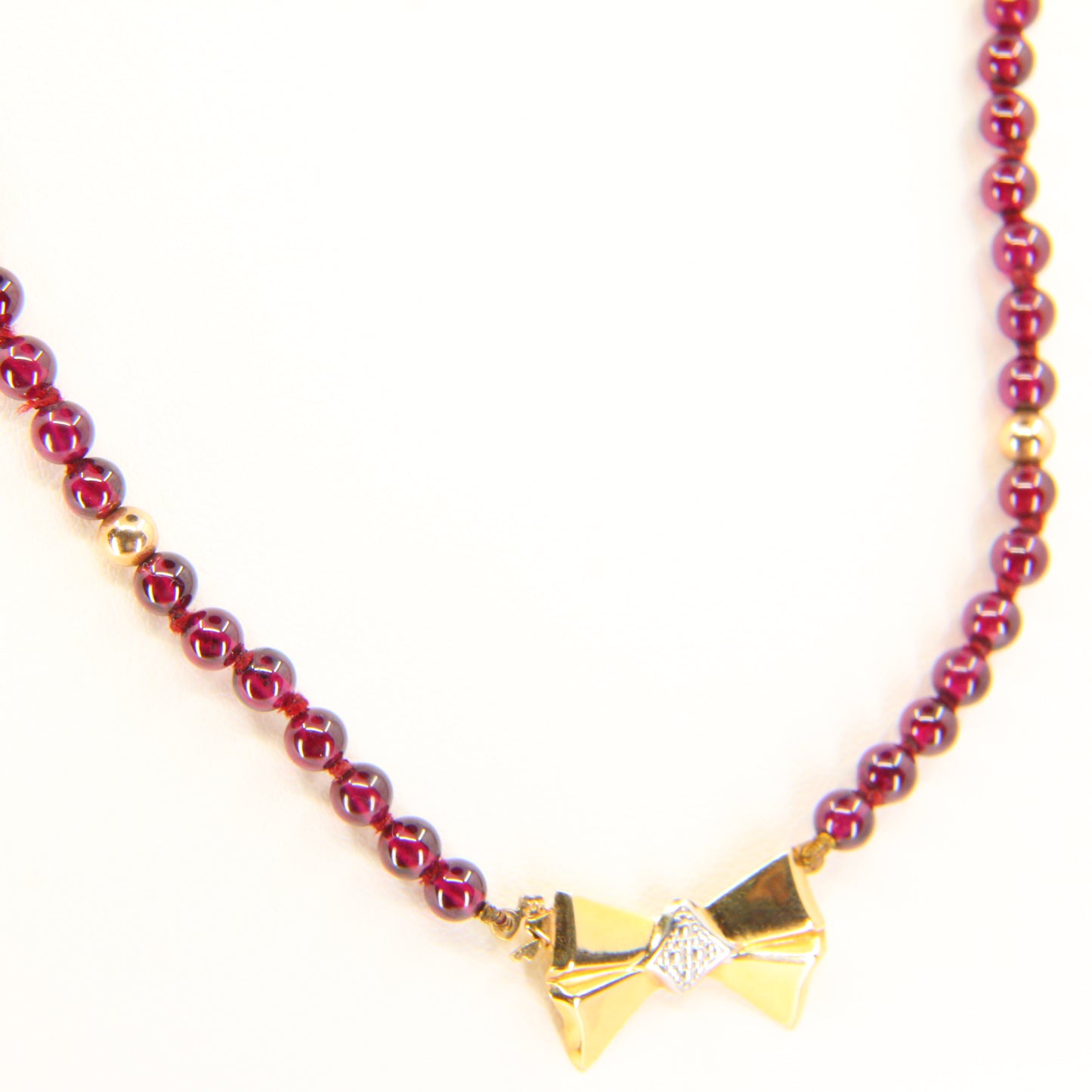 Vintage 9ct Bead Bow Pendant Necklace Yellow Gold Red Garnet 17.5 inch long