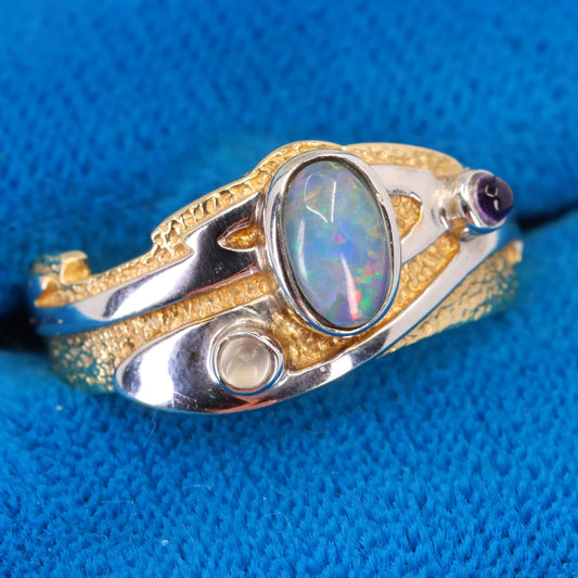 Vintage 9ct Hallmarked Gold Monet Reflections Ring Opal Amethyst Moonstone UK Size N