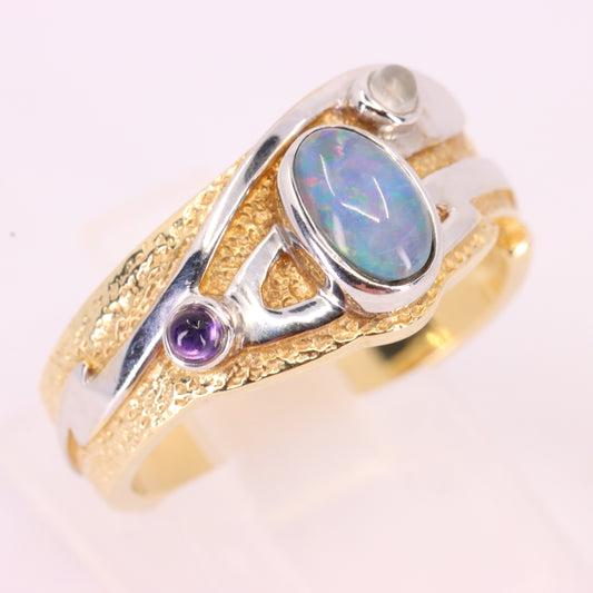 Vintage 9ct Hallmarked Gold Monet Reflections Ring Opal Amethyst Moonstone UK Size N