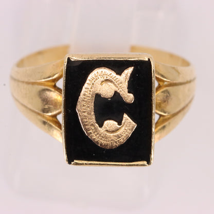 Antique 9ct Yellow Gold Onyx Victorian Mourning Ring Initial C UK Size O Boxed