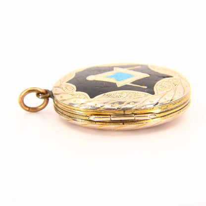 Antique 9ct B&F Gold Masonic Locket Enamel Detailed Pendant Back & Front Charm