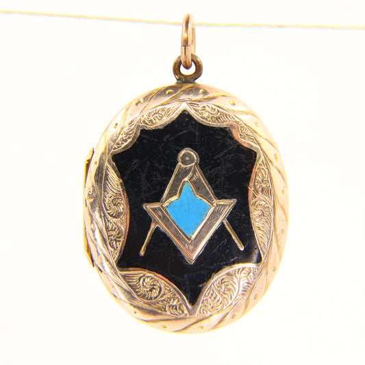 Antique 9ct B&F Gold Masonic Locket Enamel Detailed Pendant Back & Front Charm