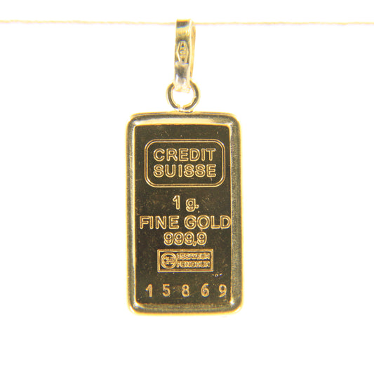 Vintage 24ct Fine Gold Credit Suisse 1g Ingot Pendant Charm 999.9 Hallmarked