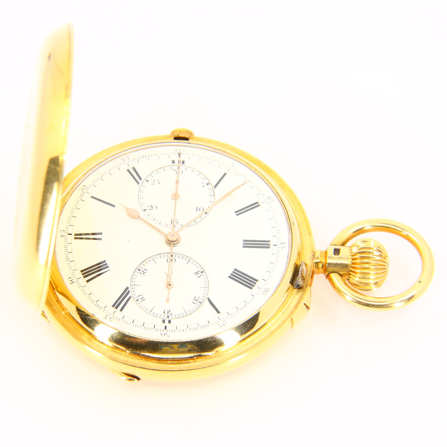Antique 18 Carat Gold Chronograph Pocket Watch Free Sprung Minute Recording Boxed Running