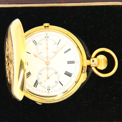 Antique 18 Carat Gold Chronograph Pocket Watch Free Sprung Minute Recording Boxed Running