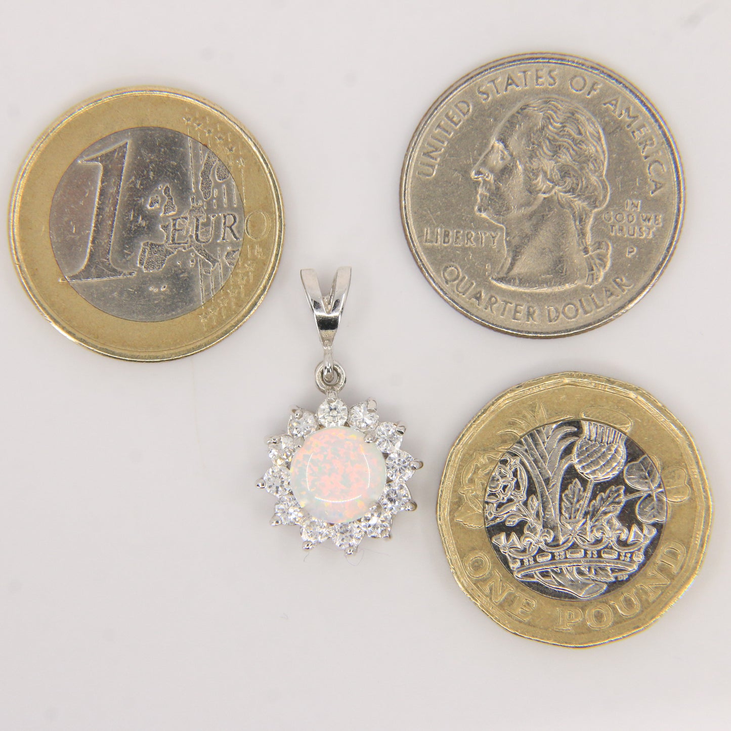 Vintage 14K White Gold Opal & CZ Cluster Pendant Round Halo Charm Gift