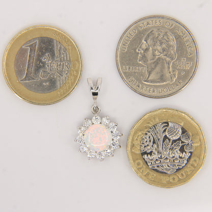 Vintage 14K White Gold Opal & CZ Cluster Pendant Round Halo Charm Gift