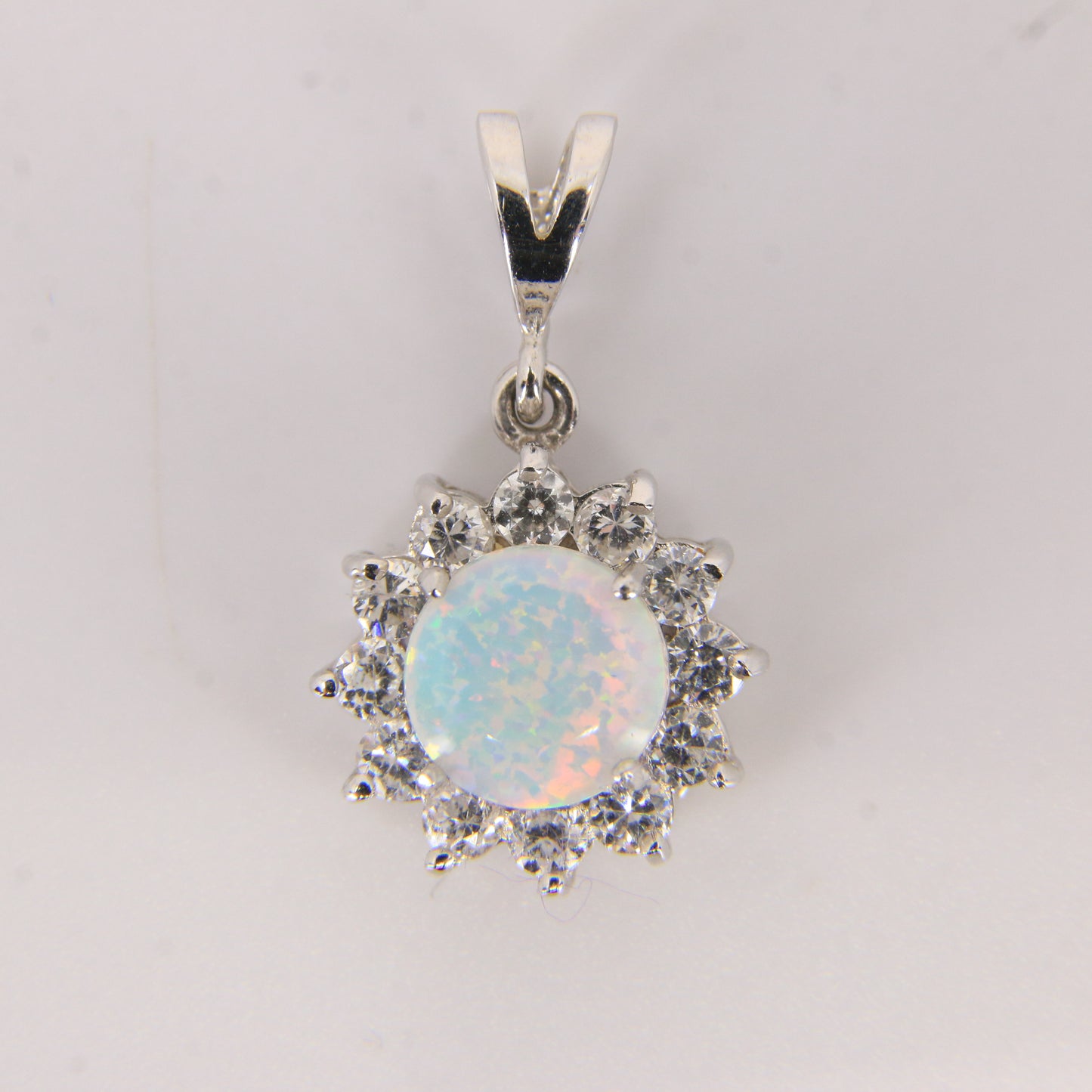 Vintage 14K White Gold Opal & CZ Cluster Pendant Round Halo Charm Gift