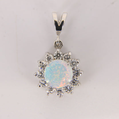 Vintage 14K White Gold Opal & CZ Cluster Pendant Round Halo Charm Gift