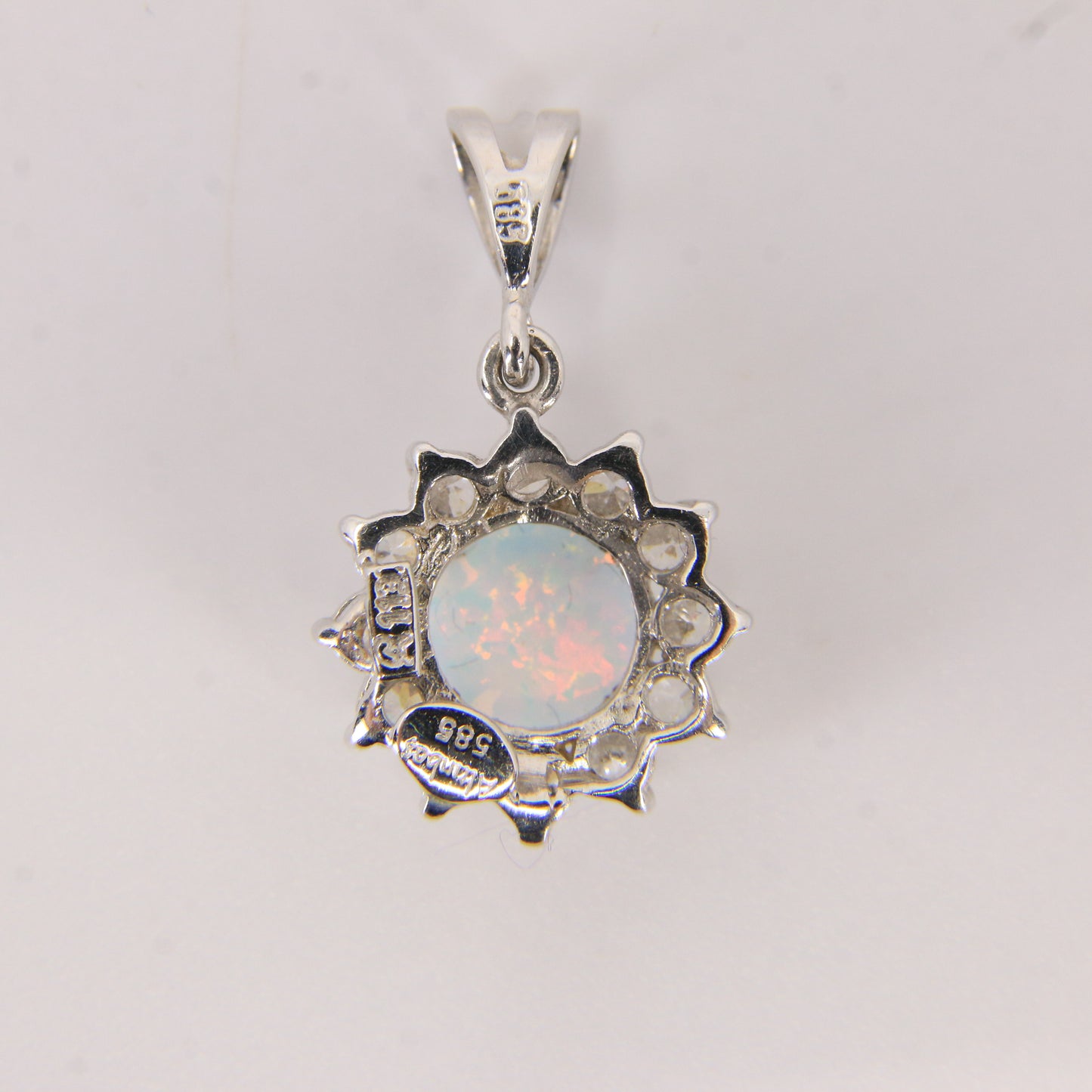 Vintage 14K White Gold Opal & CZ Cluster Pendant Round Halo Charm Gift