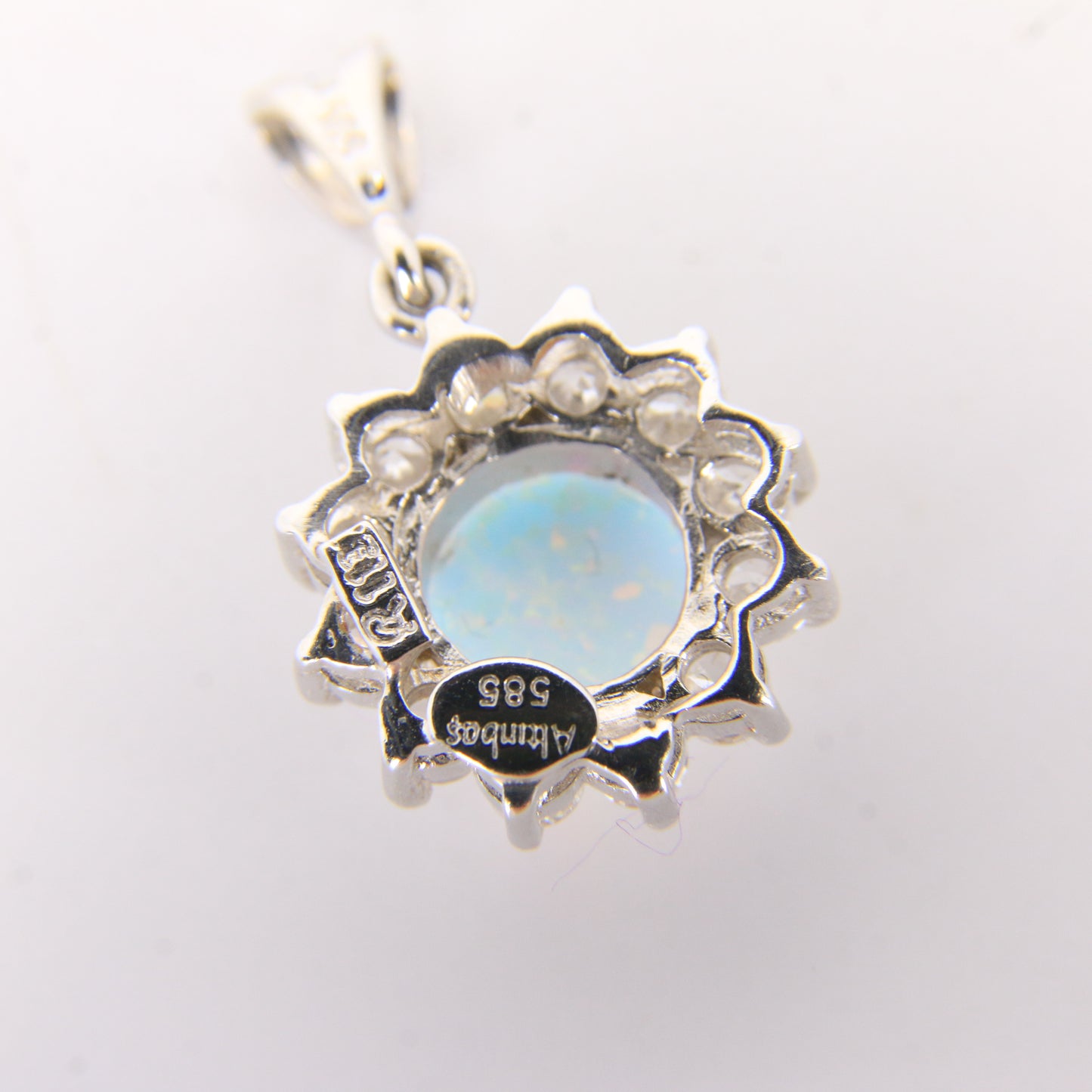 Vintage 14K White Gold Opal & CZ Cluster Pendant Round Halo Charm Gift