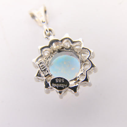 Vintage 14K White Gold Opal & CZ Cluster Pendant Round Halo Charm Gift