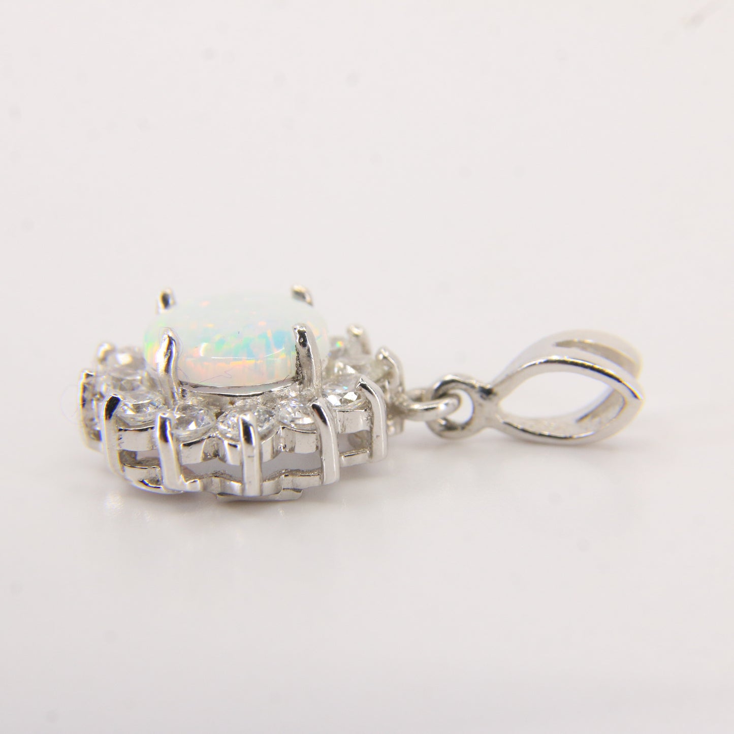 Vintage 14K White Gold Opal & CZ Cluster Pendant Round Halo Charm Gift