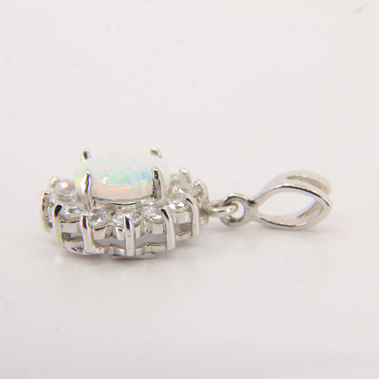 Vintage 14K White Gold Opal & CZ Cluster Pendant Round Halo Charm Gift