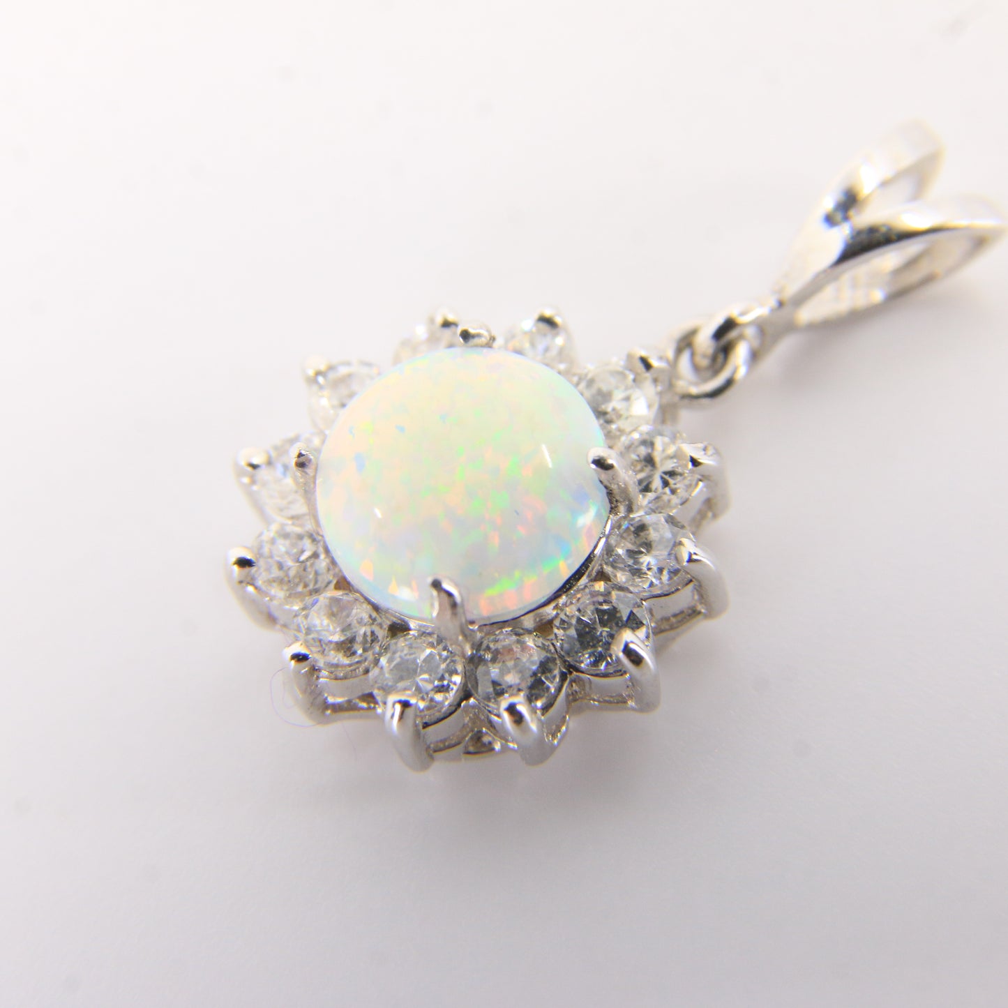 Vintage 14K White Gold Opal & CZ Cluster Pendant Round Halo Charm Gift