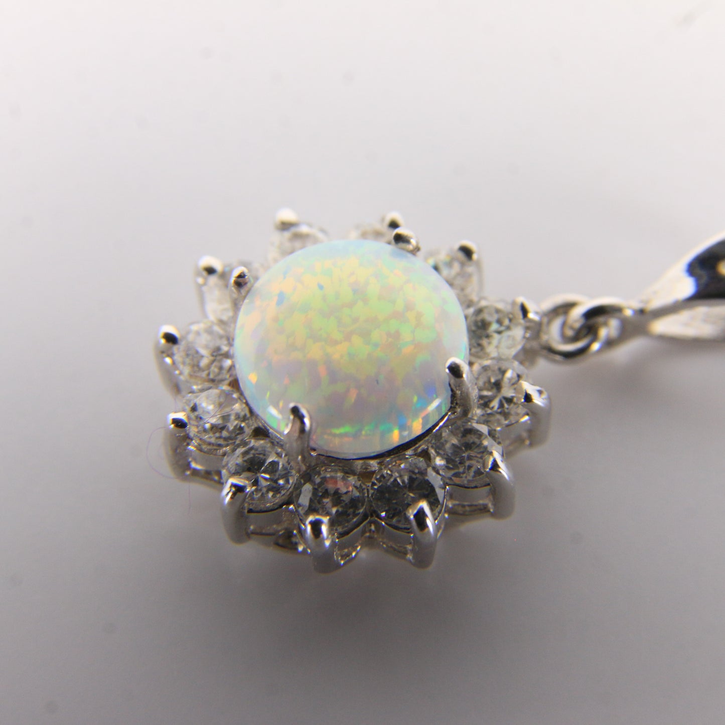 Vintage 14K White Gold Opal & CZ Cluster Pendant Round Halo Charm Gift