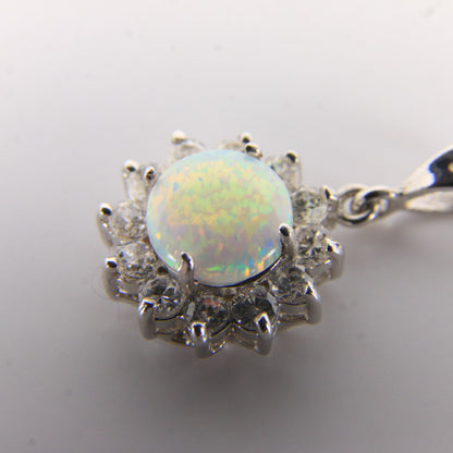 Vintage 14K White Gold Opal & CZ Cluster Pendant Round Halo Charm Gift