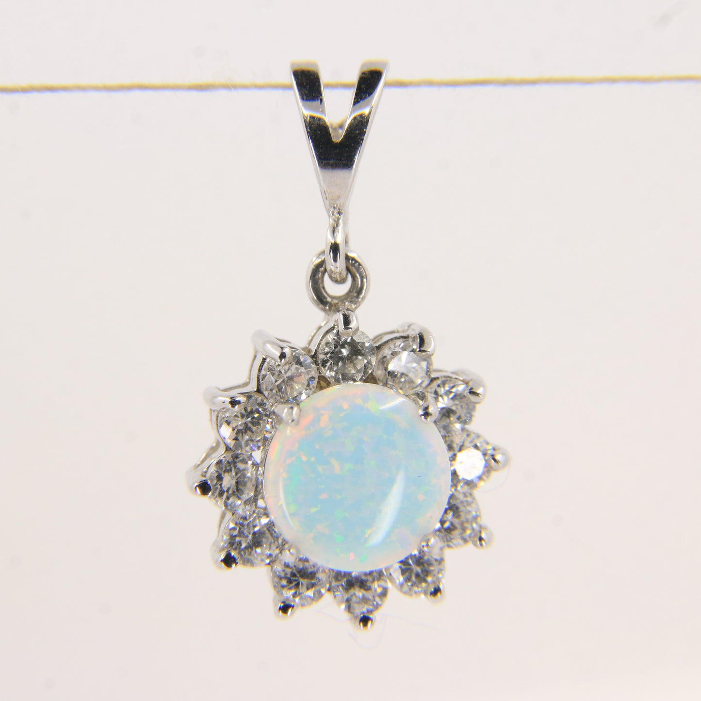 Vintage 14K White Gold Opal & CZ Cluster Pendant Round Halo Charm Gift